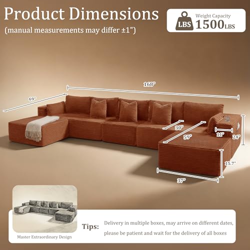 Image of 168 inch Cloud Sectional Couch, Comfort U Shaped Sofa for Living Room, Extra Deep Seats No Assembly, Minimalist Modular Couch, Corduroy (Deep Orange, 7 Seats,U-Shape A)