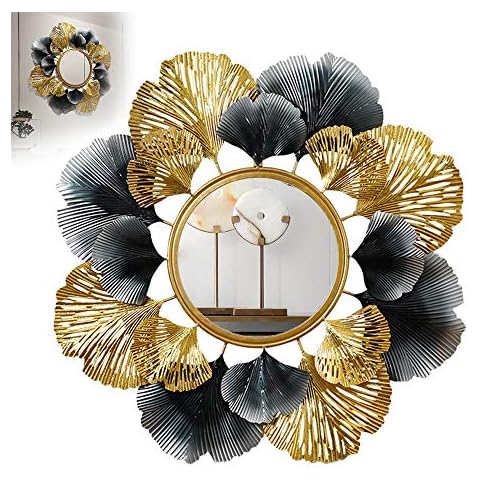 Große runde Wandspiegel , Ginkgo Leaf Creative Eisen Wandspiegel Veranda Hintergrund Wanddekoration Spiegel Wandbehang Cover