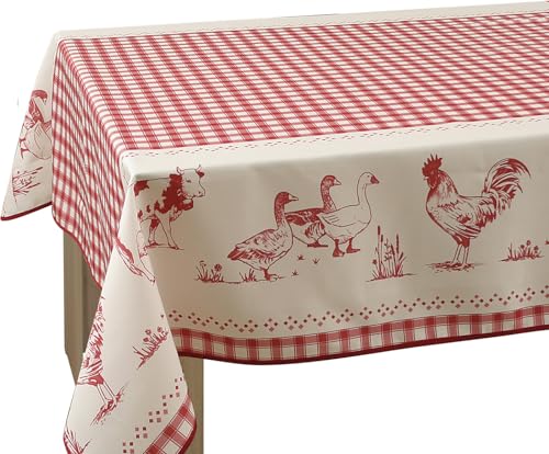 Le Linge de Jules Nappe Anti-Taches Ferme Rouge - Carrée 150 x 150 cm