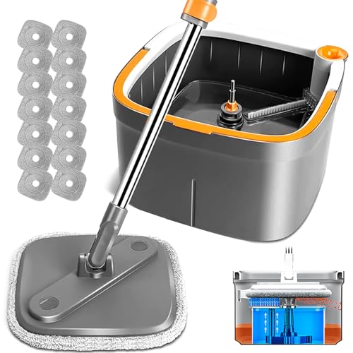 Tikaa Atok Spin Mop and Bucket Set with Self Separation Dirty and Clean Water System, Square Mop Bucket Self Wringing 360° Rotating Clean Floor Mop-Head for Hardwood Tile Marble Floors-with 14Pads
