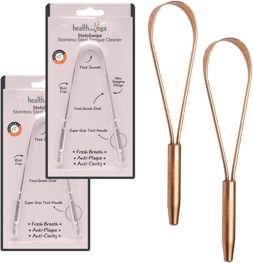 HealthAndYoga™ SteloSwipe Tongue Cleaner Scraper - Sterilizable Surgical Steel Tongue Brush (Set of 2) Plus qLoop Copper Tongue Cleaner (Set of 2)