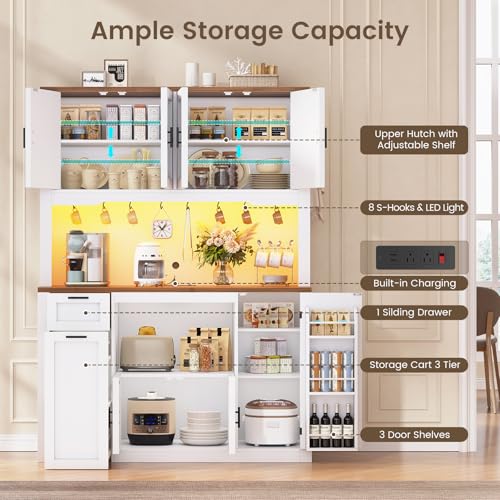 Image of Itaar 71 inch Pantry Cabinet with Charging Station and LED Light, Kitchen Pantry Cabinet with Microwave Stand, 47.2 inch Wide Kitchen Storage Cabinets with Storage Cart 3 Tier for Dining Room, White