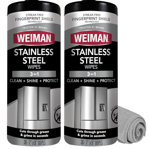 Comparison: Best Grease Cleaner For Stainless Steel 6 Weiman Stainless Steel Cleaner and Polish Wipes Bundle with Microfiber Cloth-Removes Fingerprints, Water Marks and Grease from Appliances - Works Great on Refrigerators, Ovens, and Grills