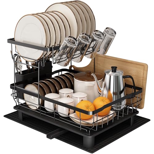 MAJALiS Escurreplatos Acero Inoxidable con Drenaje, Escurridor de Platos con desagüe Automático de Cocina, Escurridor Platos con Soporte para Utensilios, Tabla de Cortar, Portavasos, 2 Niveles, Negro