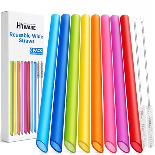[Angled Tips] 8 Pcs Reusable Jumbo Wide Boba Straws & Smoothie Straws, Multi Colors Reusable Straw, BPA FREE Food-Grade Tritan Plastic Straw for Bubble Tea(Tapioca Boba Pearls) Milkshakes w/ 2 Brushes