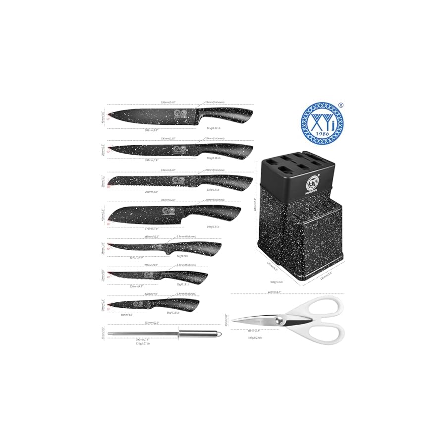 XYJ Authentic Since 1986,Knife Block Set,Kitchen Knives Set with Holder,Professional Japanese Chef Knife Set,Carving Slicing Paring Bread Knife,Steak Knives,Black Color