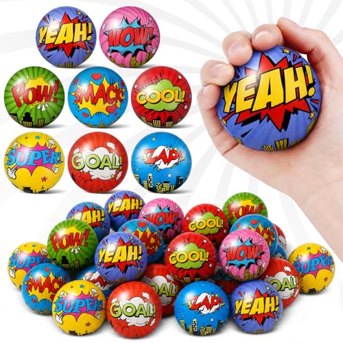Image of 30 Pcs 2 Inch Hero Party Favors Stress Balls Hero Soft Foam Squeeze Ball Sensory Fidget Toy Gift for Kid Heroes Birthday Party Supplies, Girl Boy Gift, Finger Exercise