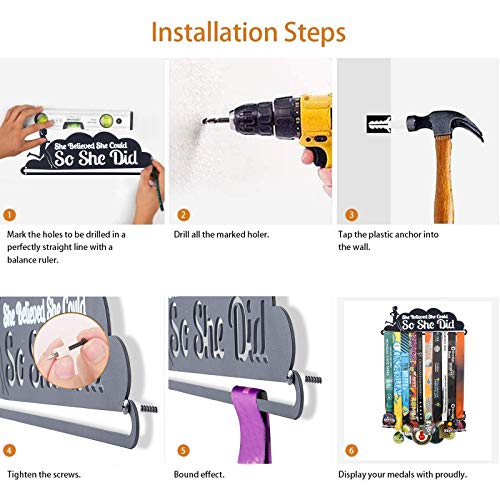 GLOBLELAND Roestvrij stalen medaille houder display hanger rek ze geloofde dat ze kon dus ze deed medaille display rack award wanddecoratie, zwart, 124 x 356 mm - Image 6