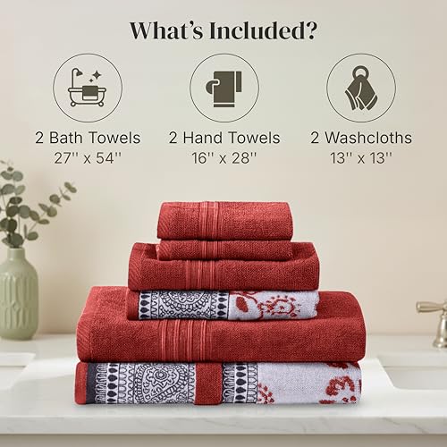 Image of Modern Threads 6 Piece Bath Towel Set - Bathroom Set with 2 Bath Towels, 2 Hand Towels, and 2 Wash Cloths - 100% Cotton, Super Absorbent & Extra Soft - Reversible Floral Trail (Rust Orange)