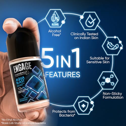 Image of Engage Aqua Blast Underarm Roll On Deo for Men|72 Hour Sweat & Odour Protection| Advanced Antiperspirant Formula|FreshEncap Technology |Non Sticky| 0% Alcohol | Dermatologically tested|50ml