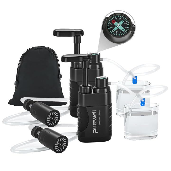 Purewell Wasserfilter Outdoor Survival Tragbar mit Pumpe für Camping Wandern Trekking 0.01 Mikron Filter Notfall Trinkwasseraufbereitung Prepper Ausrüstung Reise Wasserfiltrationssystem