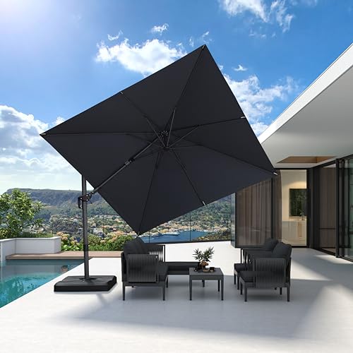 PURPLE LEAF 9.8' X 9.8' Left-right Tilting Patio Umbrella Outdoor Cantilever Swivel Square Umbrella Aluminum Offset Umbrella with 360-degree Rotation for Garden Deck Pool Patio Grey