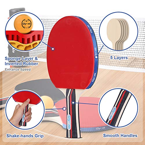 Glymnis Table Tennis Set Ping Pong Paddle Set with Retractable Net, 2 Rackets Paddles and 3 Balls, Carry Bag for Indoor Outdoor Play