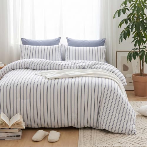 Image of Nayoroom Blue Striped Duvet Cover Queen White Pinstripe Coastal Bedding