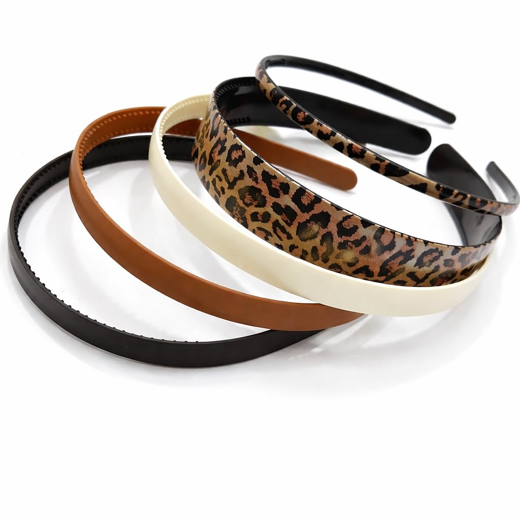 Hair Headbands Set, Leopard Print and Solid Colors, Multi-Pack Fashion Hair Accessories (Pack Of 5)