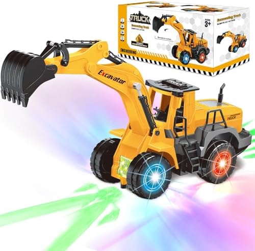 Car Toys for Toddlers, Excavator Toy with 2 Flashing Lights Music, Fun Toy Trucks Construction Vehicle with 1 Moving Arm, Baby Toys for 3 4 5 6 Year Old Boys Girls, Kids Christmas Birthday Gifts