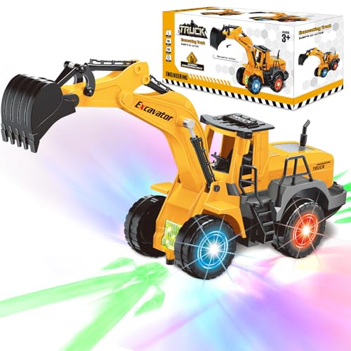 Car Toys for Toddlers, Excavator Toy with 2 Flashing Lights Music, Fun Toy Trucks Construction Vehicle with 1 Moving Arm, Baby Toys for 3 4 5 6 Year Old Boys Girls, Kids Christmas Birthday Gifts