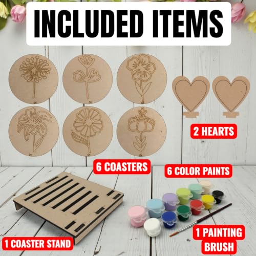Image of BAGJI TOYS DIY Coaster Painting Kit for Kids & Adults - 6 Pre-Marked Wooden Tea Coasters with Stand, 12 Non-Toxic Water Base Colours & 1 Brush - Mandala Art & Craft DIY Set - Beginner Friendly Painting Craft Kit, Birthday & Gift Activity (MNDC1)
