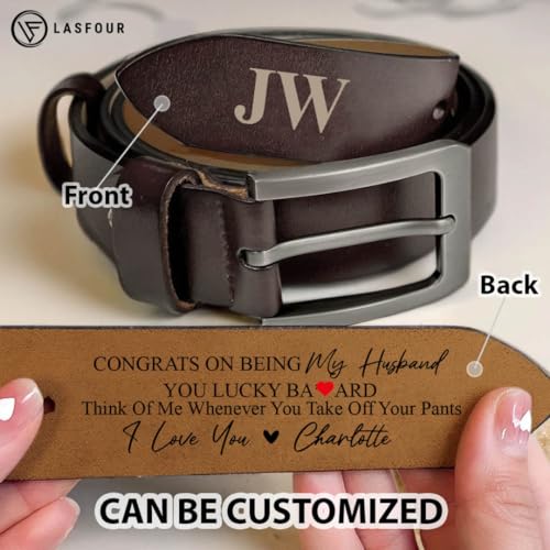 LASFOUR Congrats on Being My Husband Belt, Personalized Wide Black/Brown 2-Sided Engraved Leather Belts With Saying On The Inside, Custom Name Leather Belt for Men, Personalized Belt for Husband2