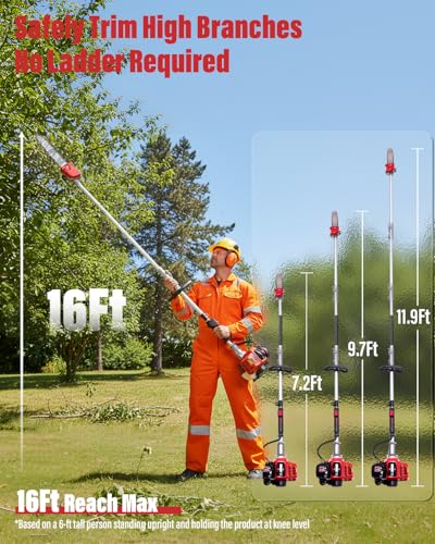 Image of 48CC Gas Powered Pole Saw 16FT Reach, 3.5HP Gas Pole Saws for Tree Trimming with 11.8 inch Bar, Professional Gas Powered Chainsaw for Tall Trees, Safe Limb Pruner (Red)