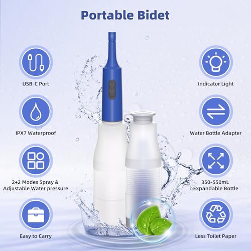Image of Hibbent Portable Bidet for Travel, High Pressure Electric Handheld Bidet Sprayer, 350-550ML Expandable Bottle for Personal Hygiene, USB-C Rechargeable Waterproof, Travel Sprayer for Women & Men, Blue