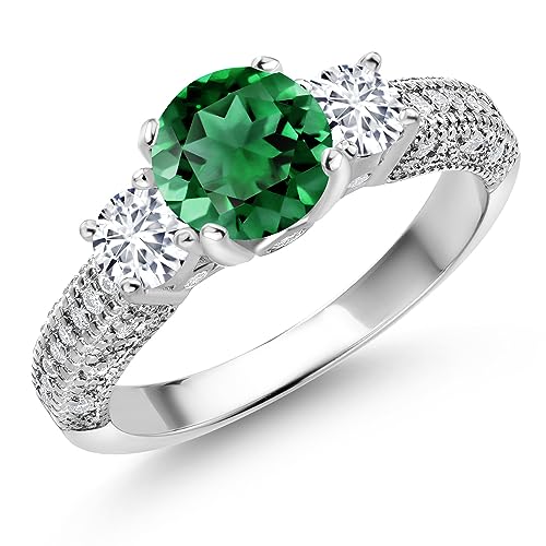 Gem Stone King 925 Sterling Silver Green Nano Emerald White Lab Grown Diamond and White Moissanite Engagement Ring For Women (1.84 Cttw, Gemstone May Birthstone, Round 7MM and 4MM)
