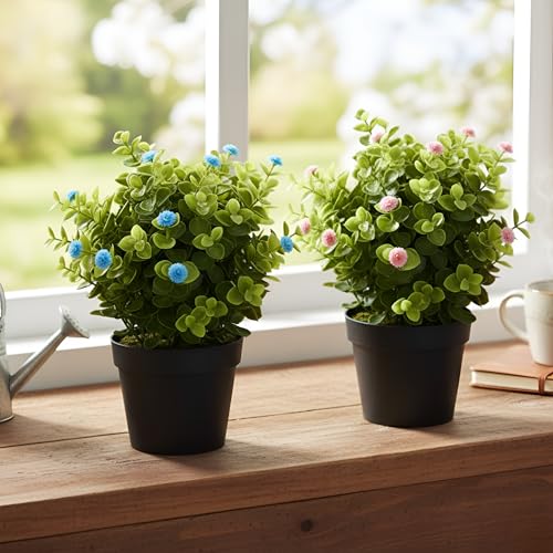 Image of Artificial Eucalyptus Potted Plants - Set of 2 Faux Greenery with Baby Breath Blue & Pink Flowers | Small Decorative Plants for Home, Office, Table & Gift