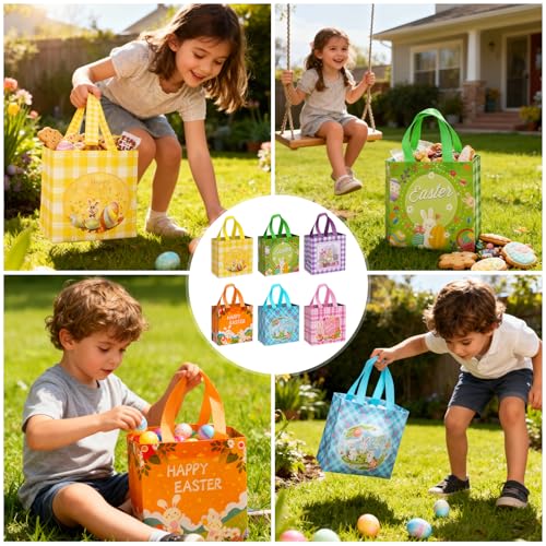 6 Stück Geschenktüten Ostern,Ostereiersuche Taschen mit Griffen,Wiederverwendbare Geschenktüten Ostern für Kinder Party Supplies Süßigkeiten Geschenke Säcke