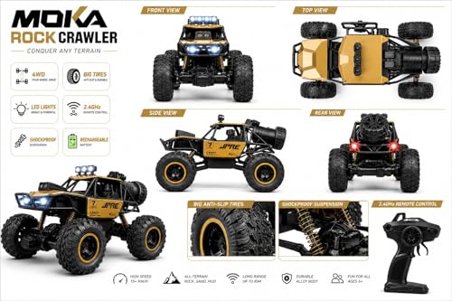 Image of RC Rock Crawler 4WD Remote Control Car for Kids, Rechargeable Off Road RC Car with 2.4GHz Remote Control, LED Lights, Shockproof Suspension, Oversized Anti-Slip Tires, Alloy Body Toy Vehicle