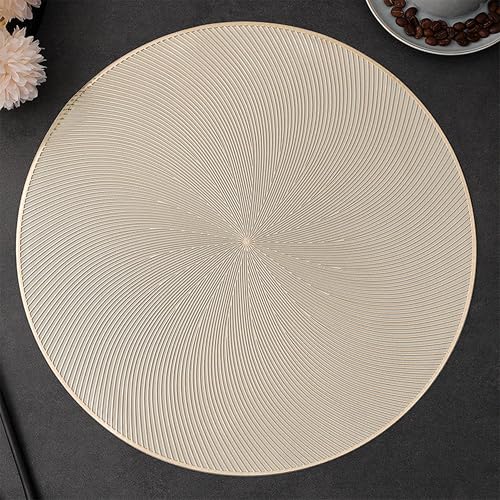 Image of Yellow Weaves 2 Pcs PVC Round Table Placemats, Dining Table Mat, Stain Resistant, Anti-Skid, Waterproof, Washable, Dining, Kitchen, Restaurant Table Set Easy to Clean, Durable (Spiral Golden)