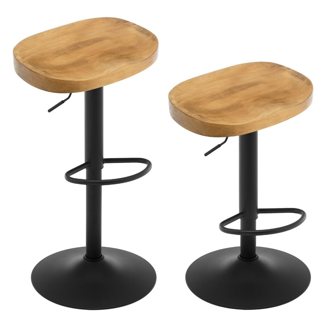 WOLTU Taburetes Cocina, Juego de 2 Taburetes de Bar Giratorios, Sillines con Reposapiés, Altura Ajustable, Taburetes sin Respaldo, Asiento de Madera, Base Metalico, Marrón rústico, BH413dc-2