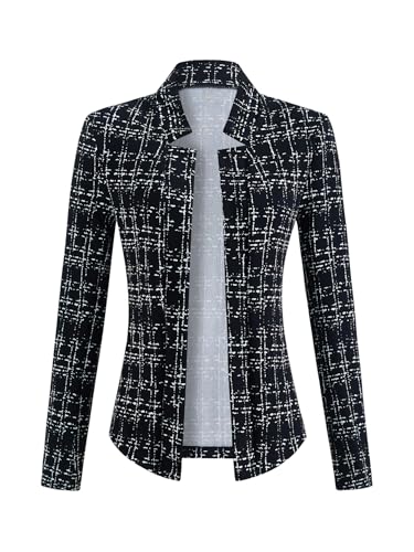 Women's Elegant Plaid Tweed Blazer Open Front Long Sleeve Business Casual Suit Jacket