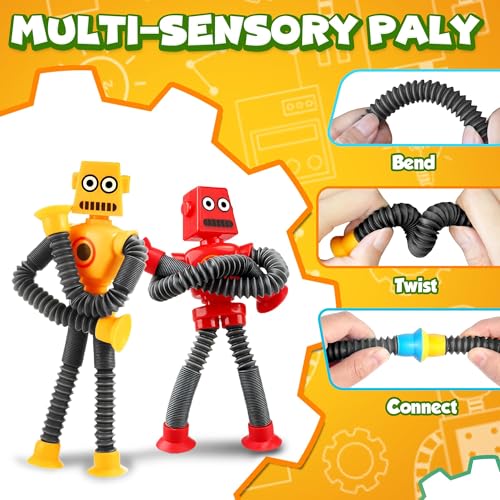 Image of Robot Sensory Travel Roadtrip Toys 4Pcs for Toddlers Kid Boy Year Old Ages 3 4 5 6 7 8 9,Airplane Activities Suction Autism Pop Tube Fidget Toys Autistic Stocking Easter Basket Stuffer Valentine Gift