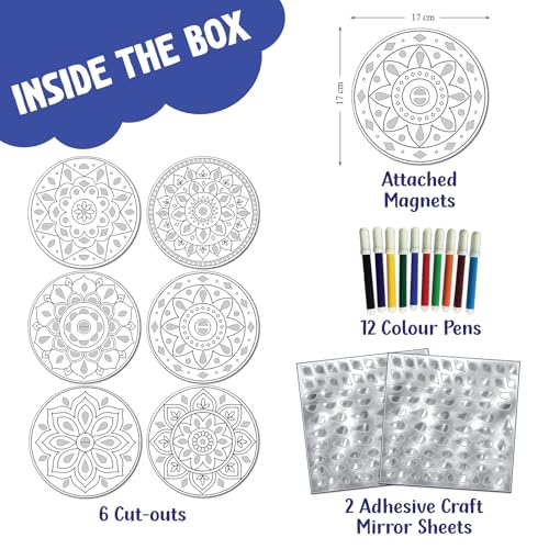 Image of SparkLPlay DIY Mirror Mandala Art Kit for Kids. Coloring Set with - 6 Magnetic Cutouts,12 Color Pens & 100+ Mirror Stickers. Creative Art & Craft. Mess Free. Gifts for Kids.