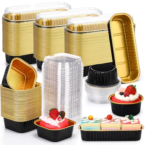 Rtteri 150 Pcs Mini Cake Pans with Lids Disposable Ramekins 6.8 oz 5 oz Aluminum Foil Cupcake Baking Cups, Rectangle Round Square Cupcake Liners Cake Tins for Flan Muffin Dessert Party Favors (Black)