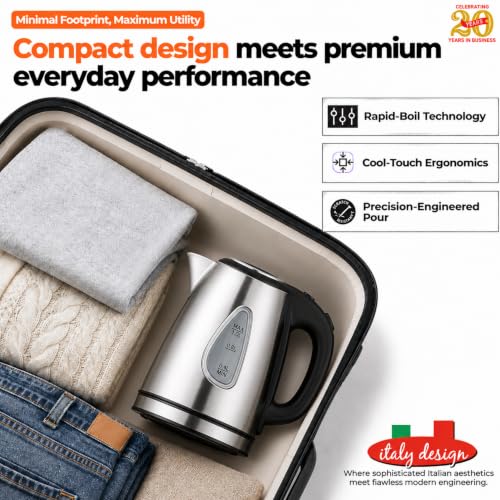 Image of ITALIA Premium Stainless Steel Electric Kettle | Rapid Boil 1500W | Auto Shut-Off & Boil Dry Protection | Cordless Water Heater for Tea, Coffee & Kitchen Use | Travel Friendly Electric Kettle 1L