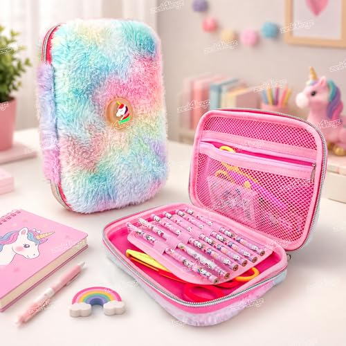 Image of Zest 4 Toyz Fluffy Unicorn Pencil Case for Kids Feathery Touch Cute Rainbow Design Large Capacity Stationery Organizer with Compartments School Zipper Pouch for Girls-Assorted Color Design