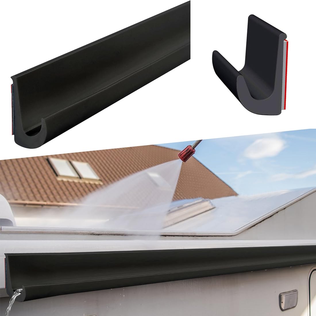 J Shape RV Rain Gutter, Caravans Roof Rain Gutter Water Channel, Self Adhesive J-Shape Roof Drainage Rain Guard Strip, PVC Roof Rain Diversion Strips for Truck RV Boat Car Van Motorhomes (Black, 5M)