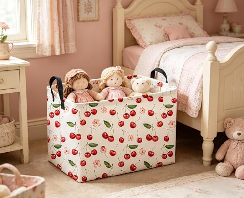 Image of Sanjiaofeng Rectangular Kids Baskets,Pink Cherry Storage Bin,Kids Storage Bins,Collapsible Storage Bin Cute Organizer Box Books Box,Gift Basket,Girl Room Decor(Cherry)