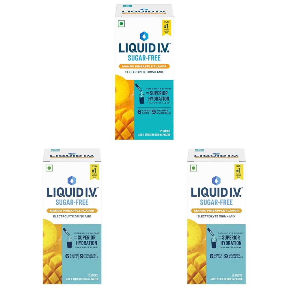 Liquid I.V. Sugar Free - Mango Pineapple | 12 Sticks : 6L Water | Electrolyte Drink Mix Powder 10g |Sodium, Potassium & Magnesium Hydration Drink|No Sugar (Pack of 3)-image-26