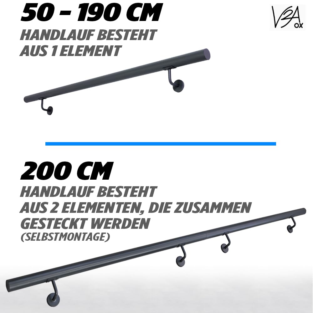 Corrimano in Acciaio Inox 50-200 cm ringhiera corrimano a Muro per Scale in Tubo di Acciaio Inox Set Completo Antracite, Lunghezza:180 cm