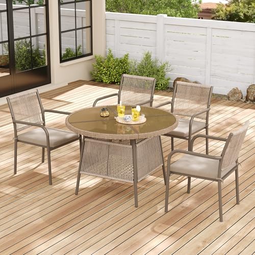 Yihomfy Salon de Jardin Extérieur en Résine Tressée 4 Places,4 Chaises et 1 Table Ronde,Coussin,Rotin Set de 5 pcs,Balcon,Patio