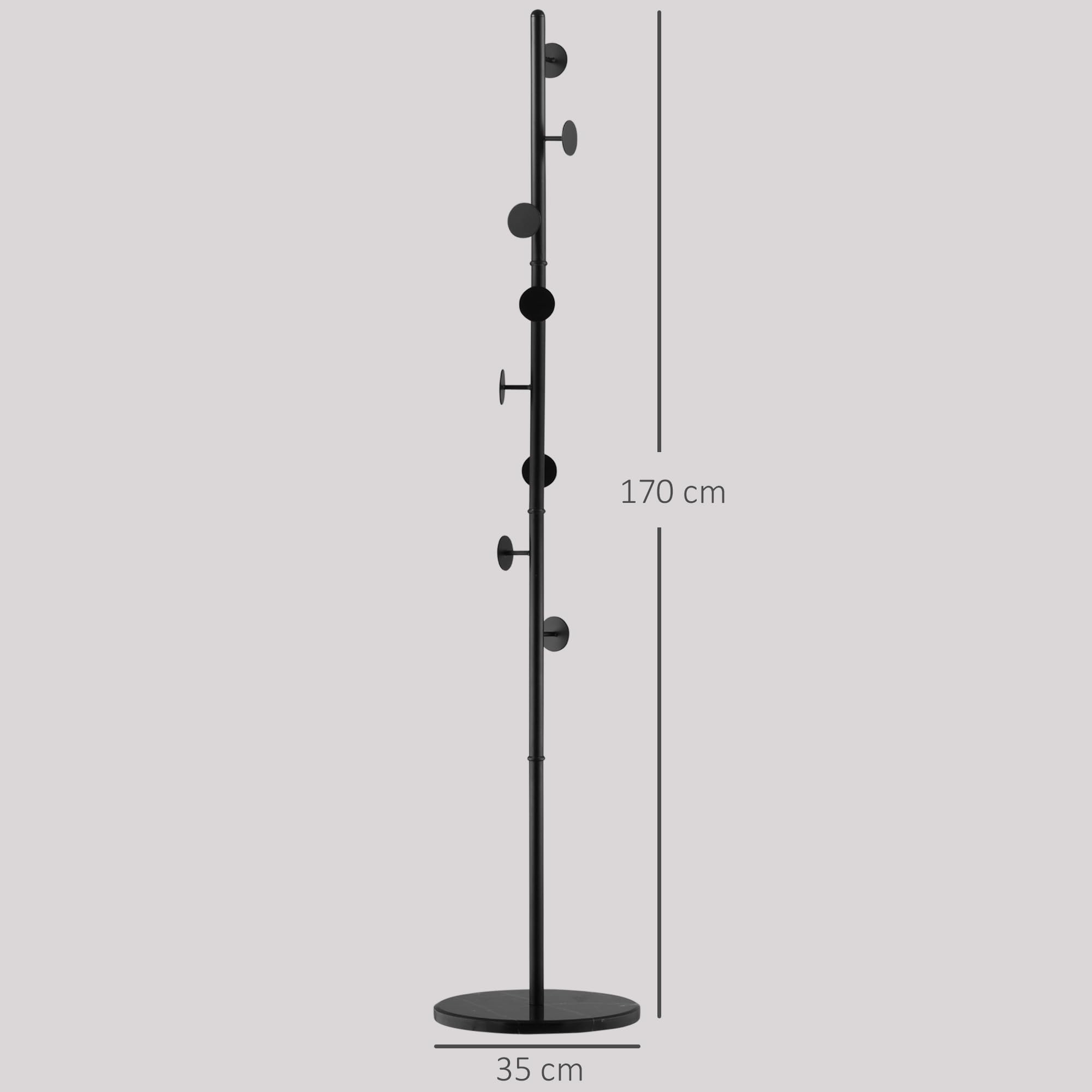 HOMCOM Albero Appendiabiti con 8 Ganci Base Rotonda 35x35x170 cm Nero | Appendiabiti da Terra, in Acciaio e Marmo