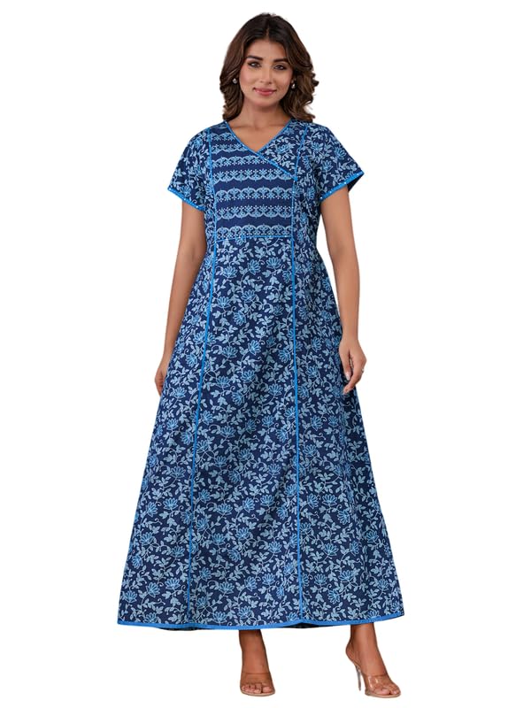 Image of NIHSAMAH Cotton Night Gown for Women - Angrakha Style Nighty, Comfortable Sleepwear /Nightwear /Maxi