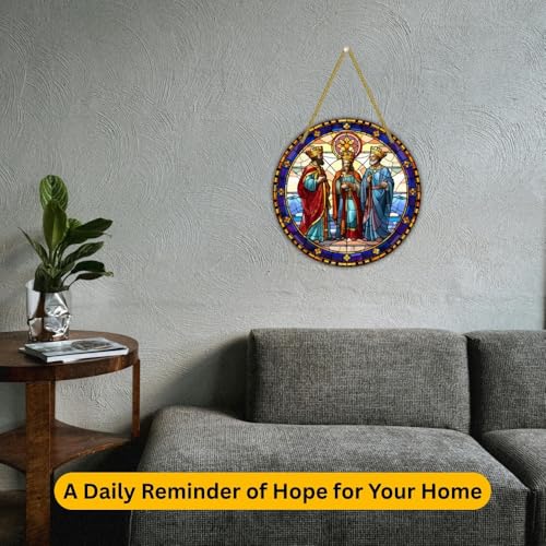Image of Printality Stained Glass Style Christian Wall Hanging | Round MDF Plaque with Glossy Finish & Golden Zardosi String | Religious Wall Art | Jesus, Mary & Angels Design | Faith Home Decor (Design 7)