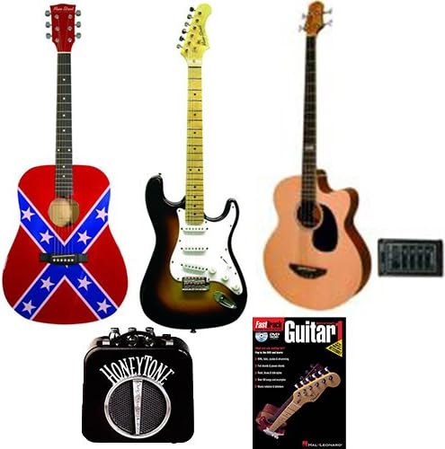 Acoustic & Electric Guitars & Bass Beginner Pack - Main Street Dreadnought Acoustic Spruce Top Guitar, Double Cutaway Electric Guitar in Tobacco Sunburst, Bass Guitar w/Spruce Top, Mini Amp & Beginner Book