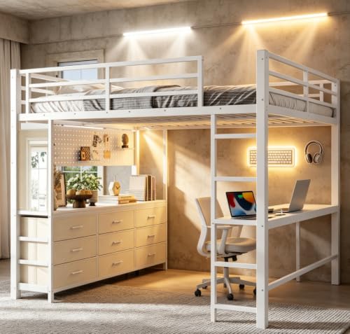 Image of Bellemave Metal Queen Loft Bed Frame with Desk, Storage Drawers,USB,Mirror for Adults,Kids,Teens,White