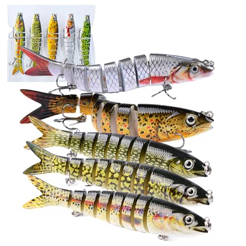 MKNZOME 5 Señuelos de Pesca Multiarticulados, Swimbait Realista de Hundimiento Lento para Agua Dulce y Salada, Kit de Señuelo Flotante con Anzuelo Triple Segmentado para Trucha, Lucioperca y Lucio