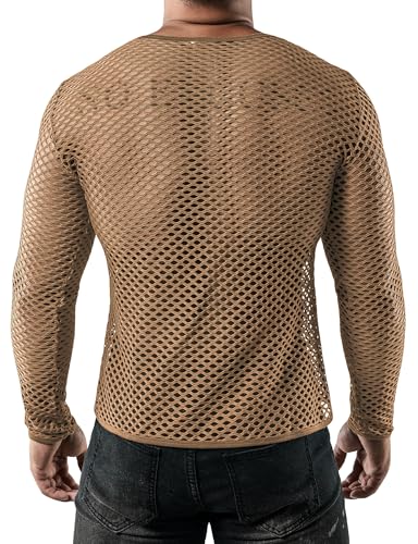 JOGAL Men's Mesh Fishnet Fitted Long Sleeve Muscle Top3