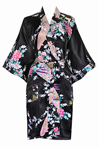 Old Shanghai Women's Kimono Short Robe - Peacock & Blossoms - Aqua,one size